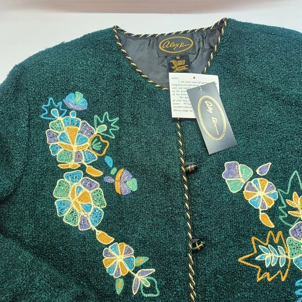 Alex Kin Women 1X Green Embroidered Paisley Floral Boucle Jacket NWT Vtg 90s